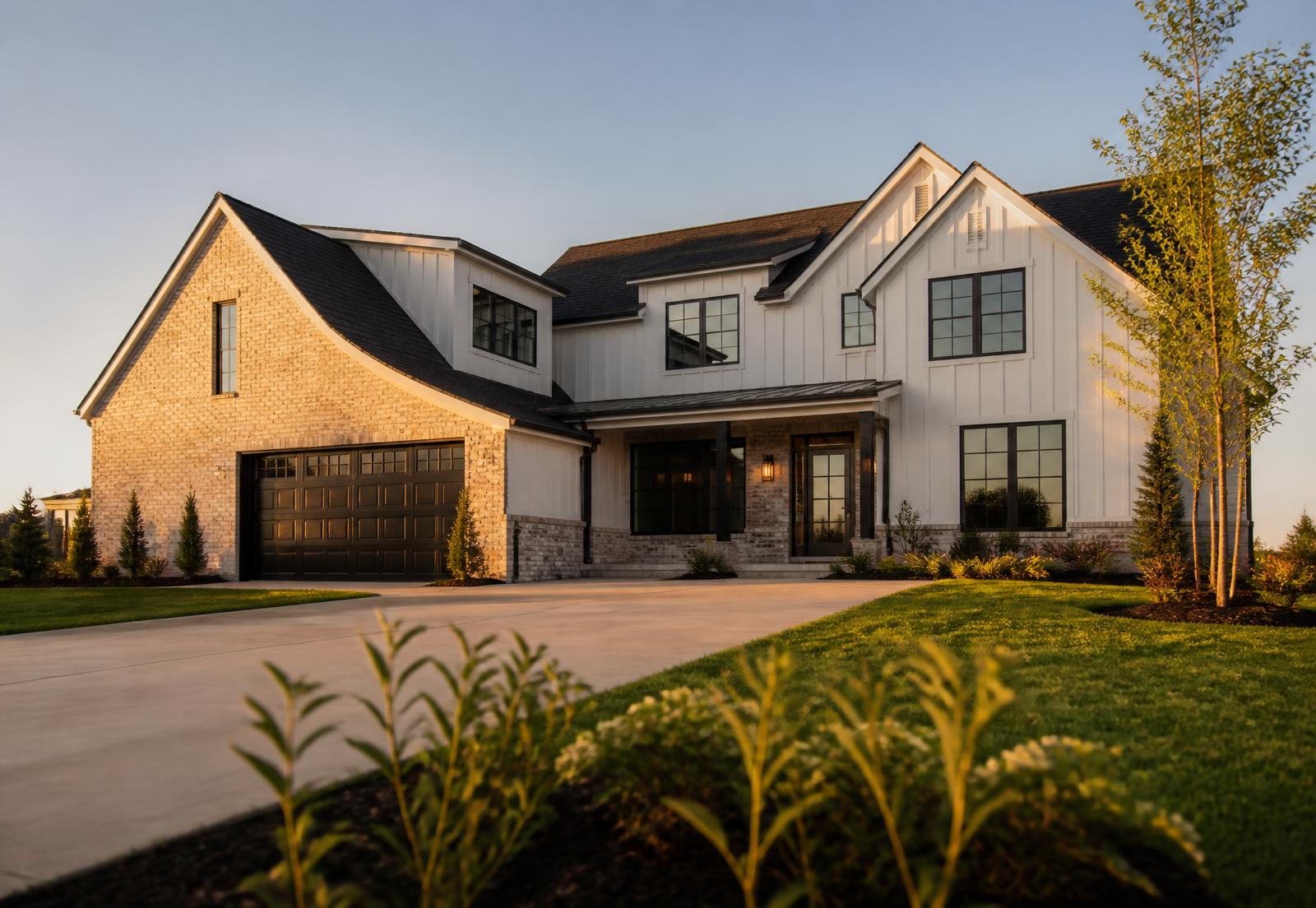 Modern new construction home in Williamson County, Tennessee at golden hour