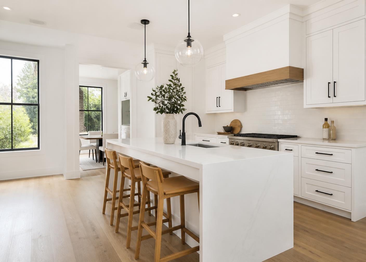Interior of a new construction kitchen with white cabinetry and quartz island